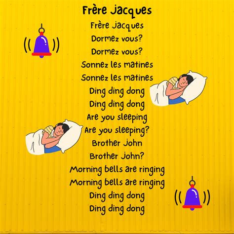 Brother John? Brother John? Morning bells are ringing, morning bells are ringing. Ding, dong, ding. Ding, dong, ding. Frère Jacques, are you sleeping? Dormez vous? Brother John? Sonnez les matines, morning bells are ringing.